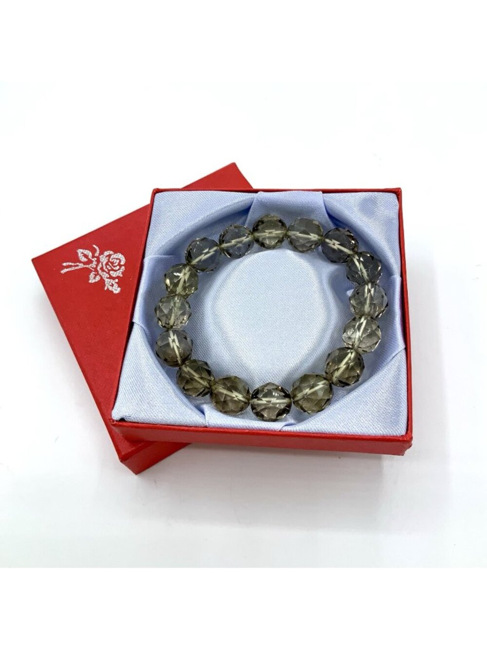Natural Smoky-brown faceted Quartz Crystal 16 Beads stretch bracelet With Box